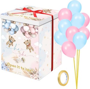 $22 Hungdao Gender Reveal Balloon Box with Ribbon and 10 Pink and Blue Balloons Gender Reveal Games He or She Open to See for Party Decoration 12x12x16(Boho Bear)
