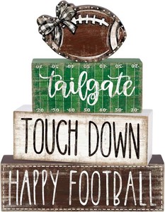 4Pcs Football Table Decoration Happy Football Wooden Block Sign  Fall Rugby Tiered Tray Decor Centerpiece Sign for Holiday Tabletop Coffee Fireplace Shelf Desk Party Decor