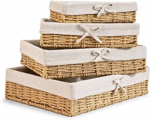 $44 Baskets for Shelves Set of 4, Woven Paper Rope Storage, Khaki  Shallow Nesting Organizer Baskets with Removable Linen Liner, Pantry Bathroom Closet Cabinet Bookshelf storage, 9.8in-15.7in