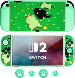 DLseego Protective Soft Case for Nintendo Switch 2 (2025), Soft Grip Cover for Handle, Detachable Joy-C Controller Shockproof & Scratch-Resistant Console Shell, 4 Thumb Grips, Kitty Cat - Green