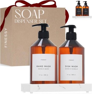 $21 FINESSY 500ml Hand and Dish Soap Dispenser for Kitchen Sink & Bathroom  BPA free PET Plastic Amber Soap Dispensers, Not Breakable Glass. Marble-Look Tray, 18 Waterproof Labels, Pumps and Funnel