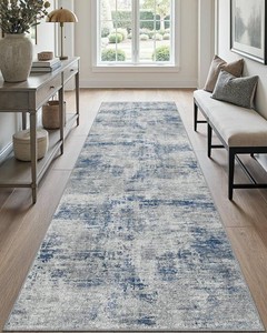 $55 DEXI 3x12 Abstract Runner Rug for Hallway Washable Non Slip Backing, Blue  Low Pile 12ft Long Runners Rugs, Stain Resistant, Modern Floor Mat for Indoor Entryway, Bedroom, Kitchen and Laundry Room