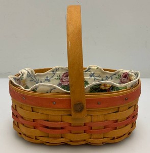 Collectible 1999 Longaberger Handled Pink Basket With Floral Ruffled Liner And Plastic Liner 6.75 x 7.5