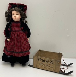 Vintage Collectible Franklin Mint Coca-Cola Doll MORGAN 19 Heirloom Collector Porcelain Figurine With Sleigh (Skis Repaired)