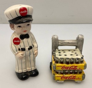 Vintage Collectible Miniature Coca-Cola Delivery Man With Cart Salt & Pepper Shakers