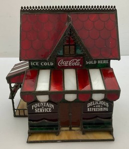 Vintage Unique Coca-Cola Franklin Mint Stained Glass Corner Store Candle Holder 6 x 6.5