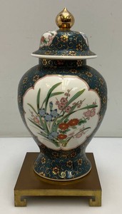 Vintage 12 Satsuma Ginger Jar OMC Japan Blue Gold Moriage Floral Vase With Lid And Brass Stand