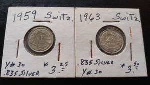 (2) Switzerland Silver 12 Franc Coins
