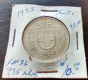 1933 Switzerland Silver 5 Francs