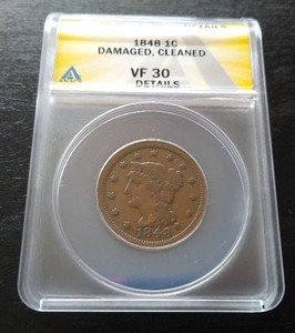1848 Braided Hair Large Cent - ANACS VF 30 Details