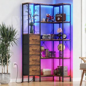 $175 AFLUI 5-Tier Corner Bookshelf with LED Light Strips, 4 Fabric Drawers  Shorter open-shelf section installs on either side, for books and decor in living rooms, bedrooms, or home offices