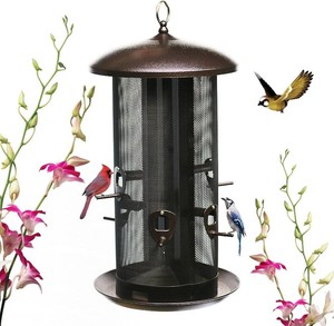 Natures Rhythm Metal Hopper Bird Feeder Two Chambers Heavy Duty Mesh Metal Dual Seed Compartments Outdoor Hanging Wild Bird Feeder with 10 Feeding Ports,10lbs Seed Capacity