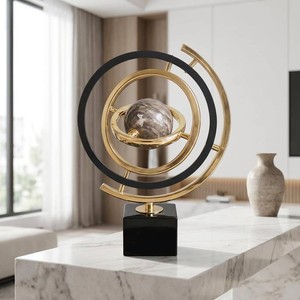 Abstract Metal Globe Sculpture Decor, Modern Black and Gold  13.4 Height, Desk Art, Office and Living Room Tabletop Decor, Unique Home Decoration Gift