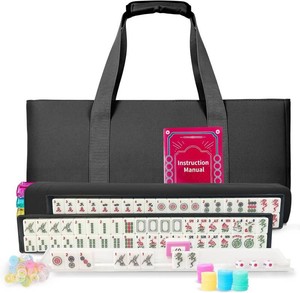 Mahjong Tile Set,166 White Tiles Mahjong Set, 4 All-in-One RackPushers 3 dice, 100 Money Chips 1 Mahjong Instructions, American Mahjong Set with Black Carrying Bag