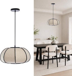 Pendant Light, Boho Bamboo Hanging Light with Adjustable Height  15 Pumpkin Drum Linen Shade, Farmhouse Ceiling Light Fixture for Dining Rooms, Kitchen Islands, Bedrooms, Entryways, E26
