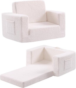 Kids Chair Sherpa Kids Couch, 2-in-1 Soft Kids Armchair for Kids Room, Convertible Sofa for Girls and Boys, Child Reading Chair for Playroom, Living Room, Pet, Beige