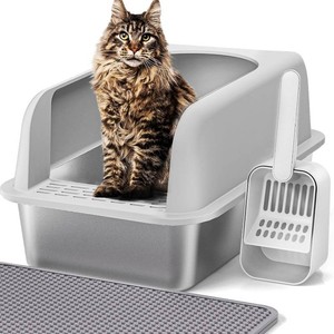 Henkelion Stainless Steel Cat Litter Box with Lid, 20 L x 14.2 W x 11.8 H, Extra Large Litter Box for Big Cats with High Sided, Anti-Urine Leakage, Easy Cleaning, Include Cat Mat and Scoop