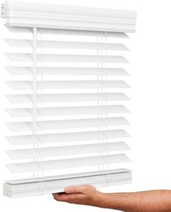 Lotus & Windoware 2 Embossed Faux Wood Blind, 34 x 48, Bright White  2-Inch Embossed Faux Wood Blind, 34 x 48, Bright White, cordless light control, insideoutside mount, living room, bedroom