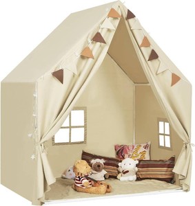Kids Play Tent with Padded Mat & Star LED Lights  for Ages 4-8-10 Year Old Girls Boys, Large Cute Indoor Play Room House Tent for Toddler Children (Beige)