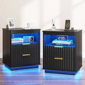 $180 1 Dystler Nightstand with LED Light & Charging Station, Black  2 Drawers, Open storage space, Smart Bedside Table, Human Sensor, Modern, for Bedroom