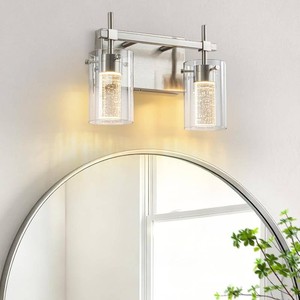 2-Light Brushed Nickel Vanity Light with 3 Color Modes (3000K4000K6000K), Eye Protection LED Bathroom Light Fixture, Dimmable Modern Wall Light Over Mirror with Clear Glass Shade