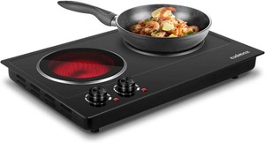 CUSIMAX Double Burner, 1800W Ceramic Electric Hot Plate for Cooking, Black  Countertop Infrared Burner with Dual Temperature Control, Heat-up in Seconds, Works with All Cookware, Stainless Steel