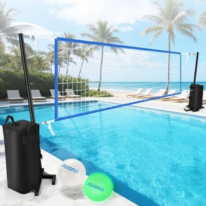 AugFir Pool Volleyball Net, Heavy-duty Pool Volleyball Set with 2 Pool Volleyballs, Stabilizing Pool Volleyball Net Holder with Two 25L Dual Water Bags Support - Pool Games for Adults and Family Needs