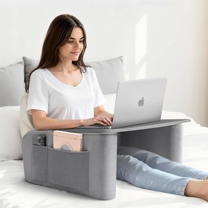 OPTIXCELL Wooden Lap Desk Pillow for Laptop with Arm Rests for Bed & Couch  Ergonomic Large 23.7 Surface, Sturdy 44 LBS Capacity, Side Pockets, for Reading, Writing, Working, Gaming, Eating, Watching