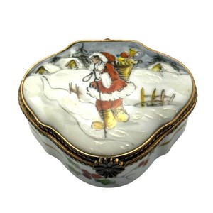 Limoges France Porcelain Trinket Box Featuring a Hand-painted Winter Christmas Scene