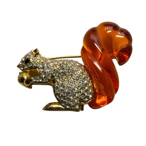 Nolan Miller Rhinestone Squirrel Brooch with Amber-Tone Lucite Tail