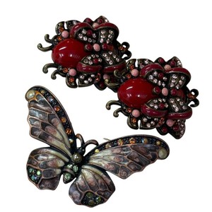 Joan Rivers Butterfly Brooch & Jeweled Ladybug Clip-On Earrings Set