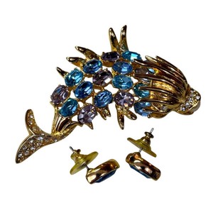Kenneth Jay Lane Jeweled Tropical Fish Brooch & Blue Crystal Earrings