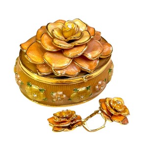 Joan Rivers Collectors Edition Enamel Rose Brooch, Earrings & Trinket Box Set