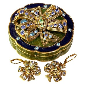 Joan Rivers Enamel & Rhinestone Bow Brooch, Earrings & Trinket Box Set