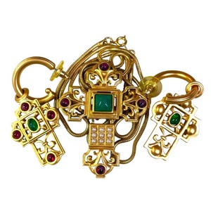 Elizabeth Taylor for Avon Vintage Faux Emerald, Ruby & Pearl Necklace, Earrings & Brooch Set
