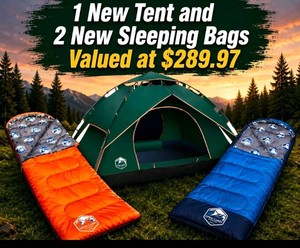 Ultimate Camping Combo Lot with a New Tent and 2 New Sleeping Bags Valued at $289.97
