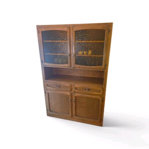 traditional two-piece wooden dining hutch and china cabinet crafted from honey oak,
