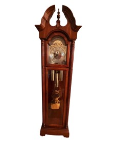 Working Howard Miller Cable-Driven Grandfather Clock with Moon Dial, Manuals, Crank and Key