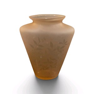 frosted peach-to-pink satin glass vase features a delicate etched or enameled floral leaf pattern.