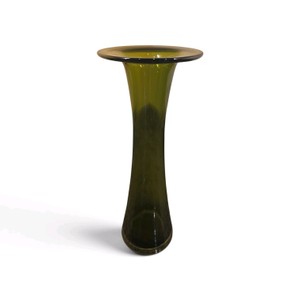 vintage oliveavocado green glass trumpet vase features a slender, flared silhouette with a wide flat rim and a clear or weighted base 11 tall  4 diameter