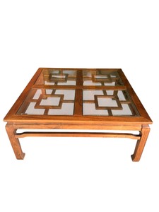 Square Wood and Glass Coffee Table with Geometric Fretwork Design