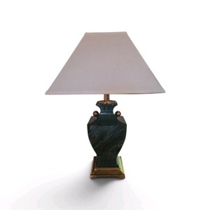 vintage green marbled-finish urn-style table lamp featuring gold-tone brass accents and a white rectangular shade