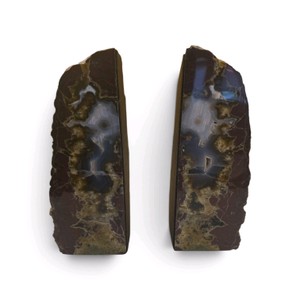 Pair of polished agate geode bookends featuring striking grayish-blue chalcedony centers and earthy brown outer rinds.
