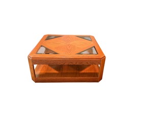 Square Oak-Finish Coffee Table with Glass Inserts and Lower Shelf