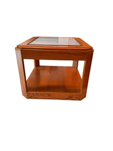 Oak-Finish Glass-Top End Table with Lower Shelf