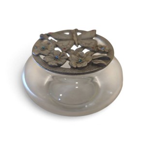 vintage glass potpourri jar features a detailed openwork pewter lid adorned with butterfly and floral motifs