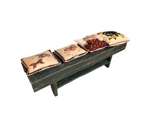 Rustic Green Painted Wood Bench with Decorative Pillows