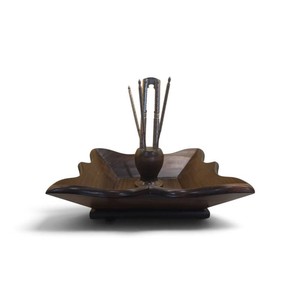 vintage mid-century modern wooden nut bowl set featuring a square, scalloped-edge wooden tray with a central holder containing matching nut picks