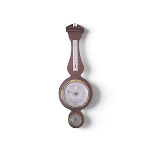 vintage Airguide banjo-style weather station made of mahogany wood with brass accents, featuring a combination barometer, thermometer, and hygrometer.