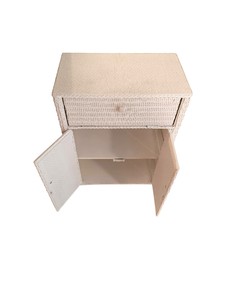White Wicker Nightstand with Drawer and Cabinet Storage